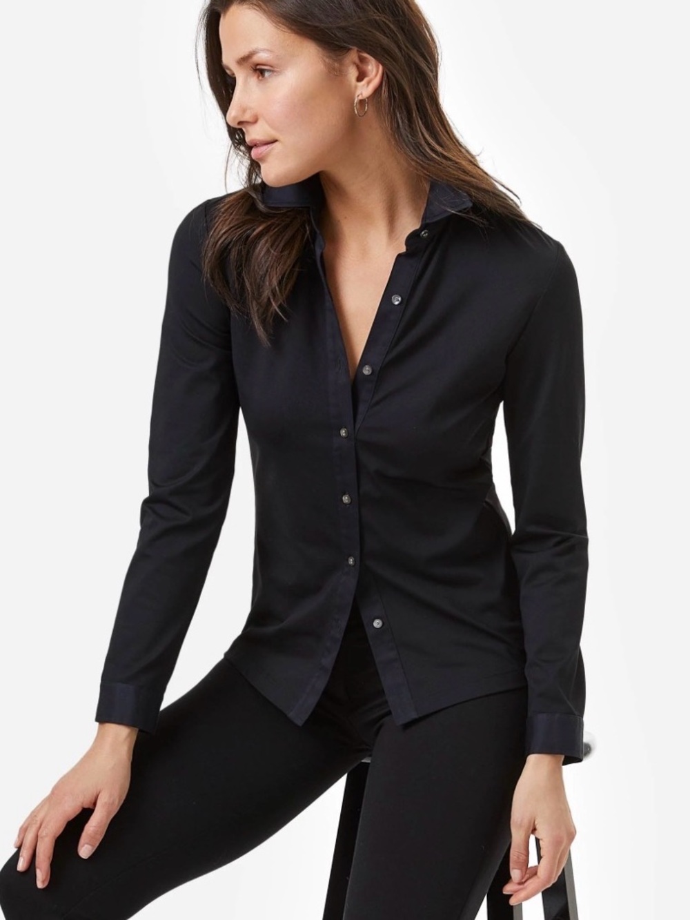 J McLaughlin Betty Shirt M Black Catalina Cloth Stretch Button Front Travel Work